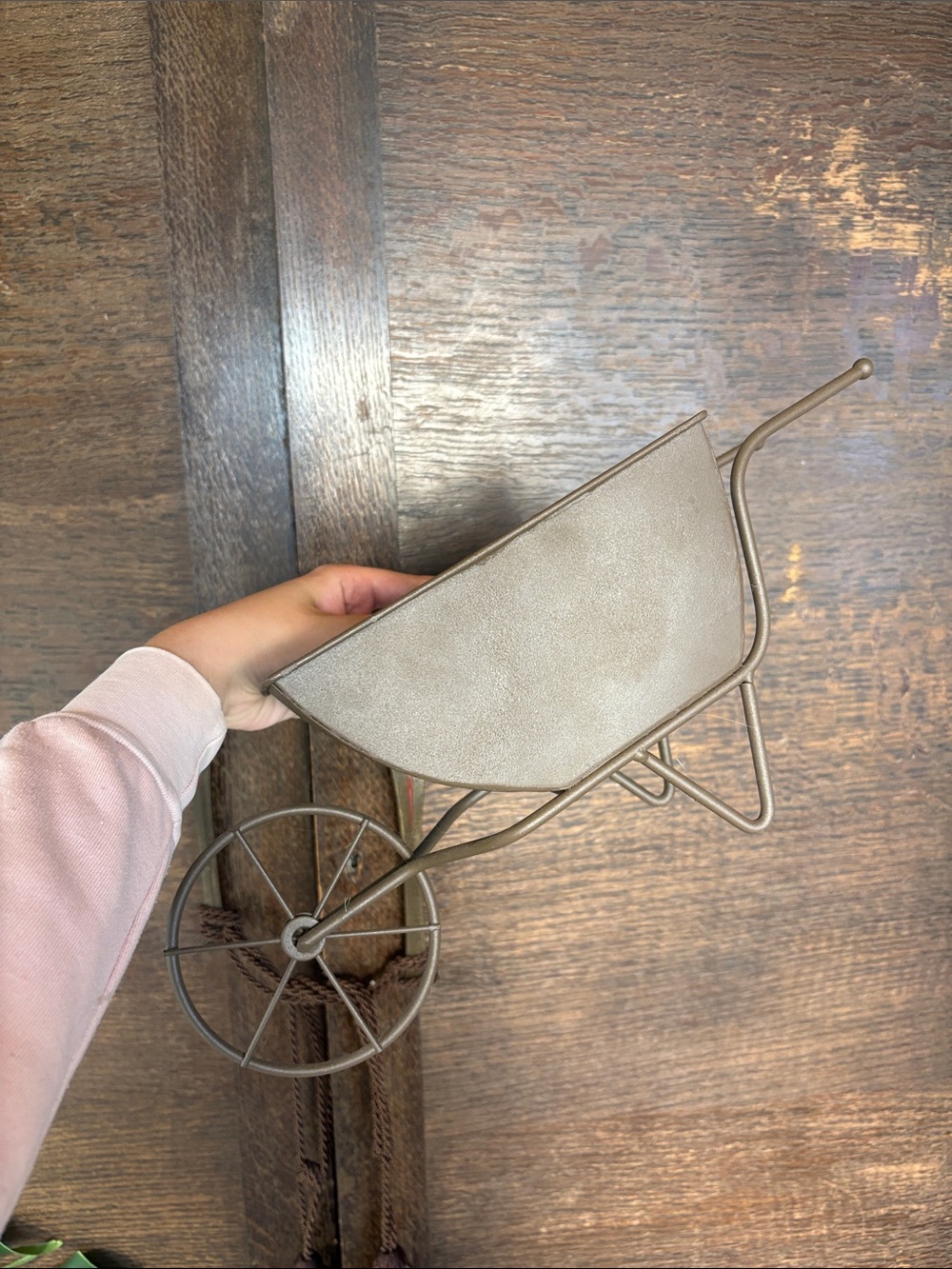 Decorative Metal Wheelbarrow Planter or Catchall in Taupe